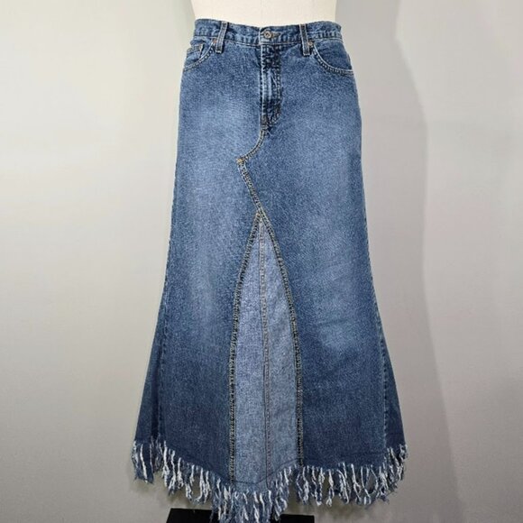 Vintage Canyon River Blues Patchwork Denim Jean Maxi Skirt 11 Womens Distressed - Picture 2 of 14